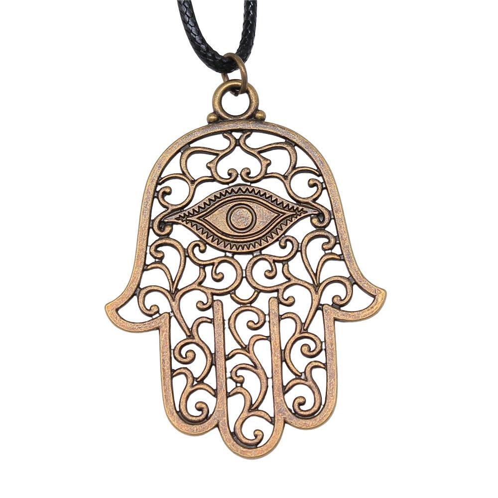 Hamsa Hand Evil Eye Pendant Necklace Spiritual Protection Boho Jewelry With 45cm Leather Chain