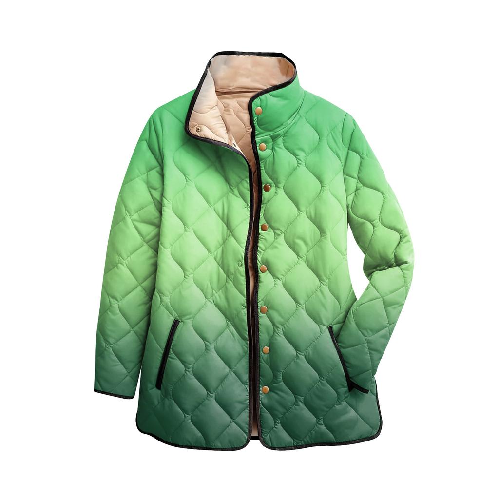 Ladies' Gradient Printed Stand Up Collar Pleated Cotton Long Sleeved Buttoned Cotton Jacket