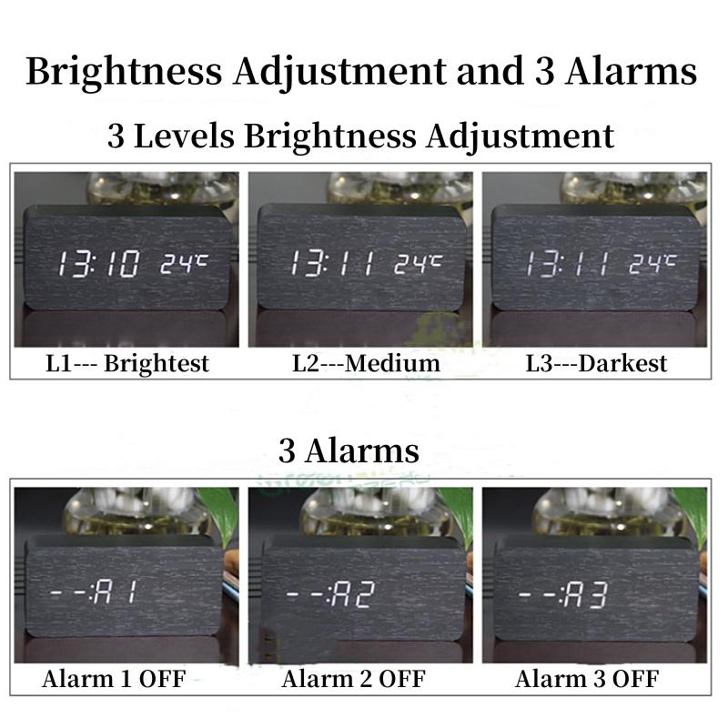 Voice Control Wooden Digital Alarm Clock TEMP Date Table Clock 3 Alarm 2 Display Modes 12/24H Power Outage Memory LED Clock
