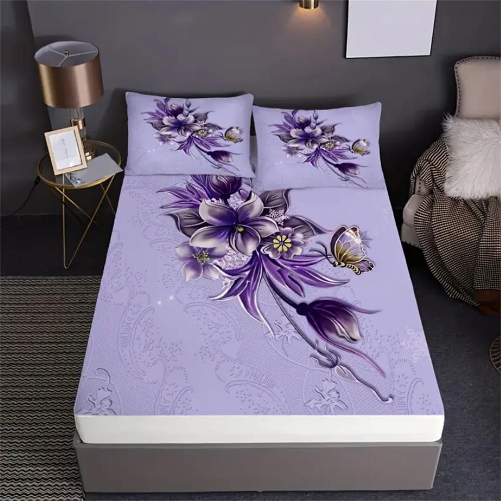 2/3pcs Elegant Butterfly Petal Flower Fitted Sheet Set - 100% Polyester, Soft, Breathable, Hypoallergenic, and Wrinkle-Resistant