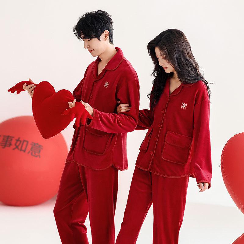 Couple pajamas birth year autumn and winter island velvet wedding newlywed winter is red high-end winter wear suit