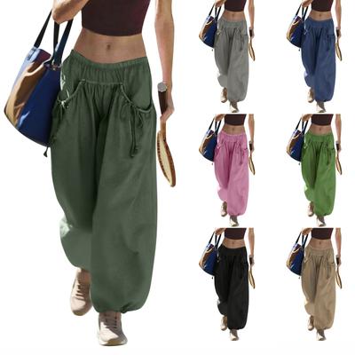 Damen Weite Trainingshose Schritt für Schritt Hose Sommer Weitbein Freizeithose mit großen gerafften Taschen