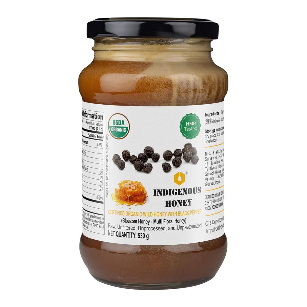 MIÓD RODZIMY Miód Surowy Organiczny Testowany NMR Certyfikowany Organicznie NPOP Czysty Naturalny Nieprzetworzony Bez Cukru Miód Wzmacniający Odporność - 530 g Słoik Szklany