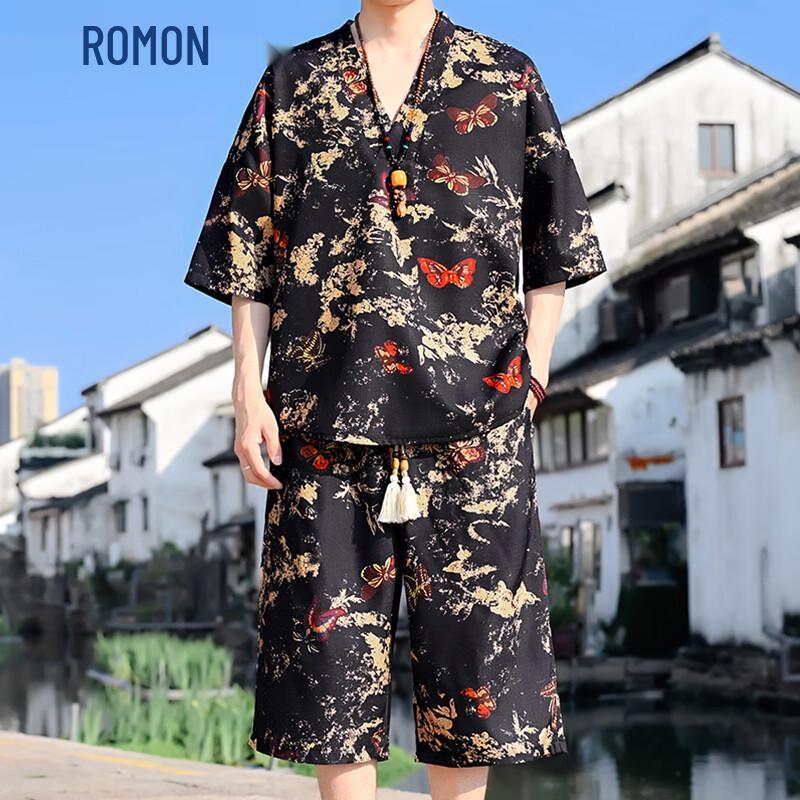 Romon Men s New Chinese Style Linen Floral Set L