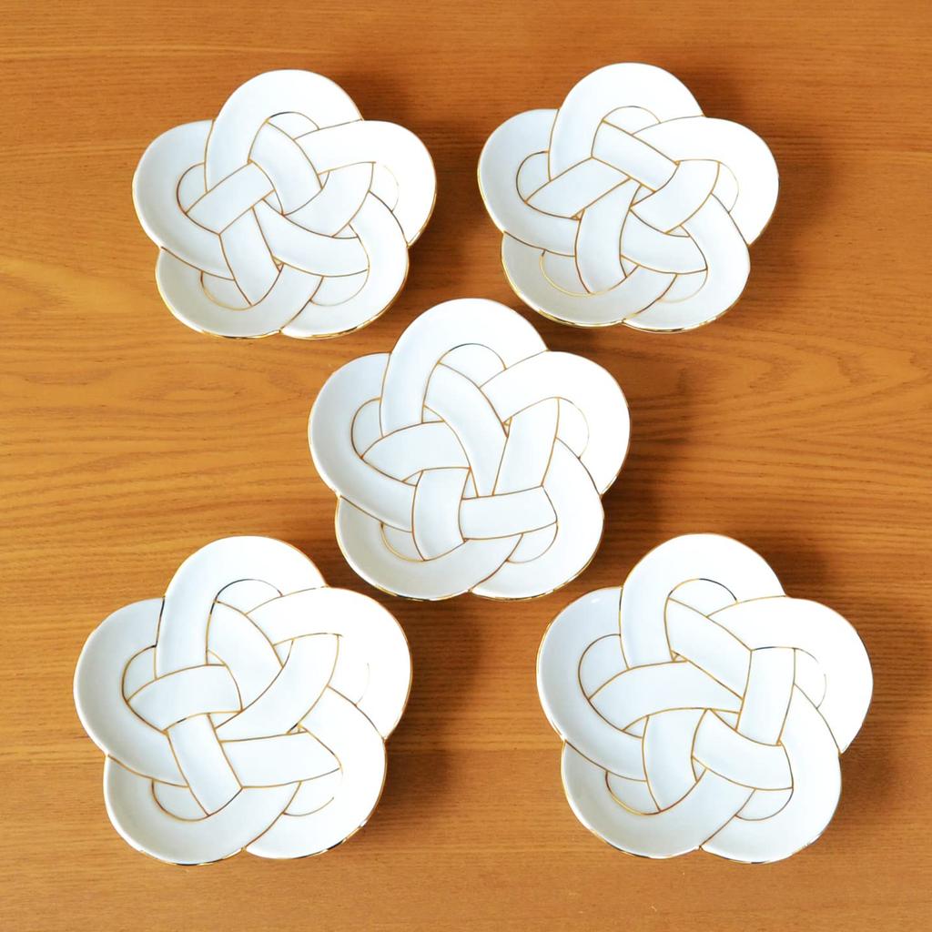 Set of 5 15cm Arita Ware Ume Musubi (Plum Rice Ball) Plates with Gold Wire, Perfect for New Year's Gifts, Gold-Trimmed ...