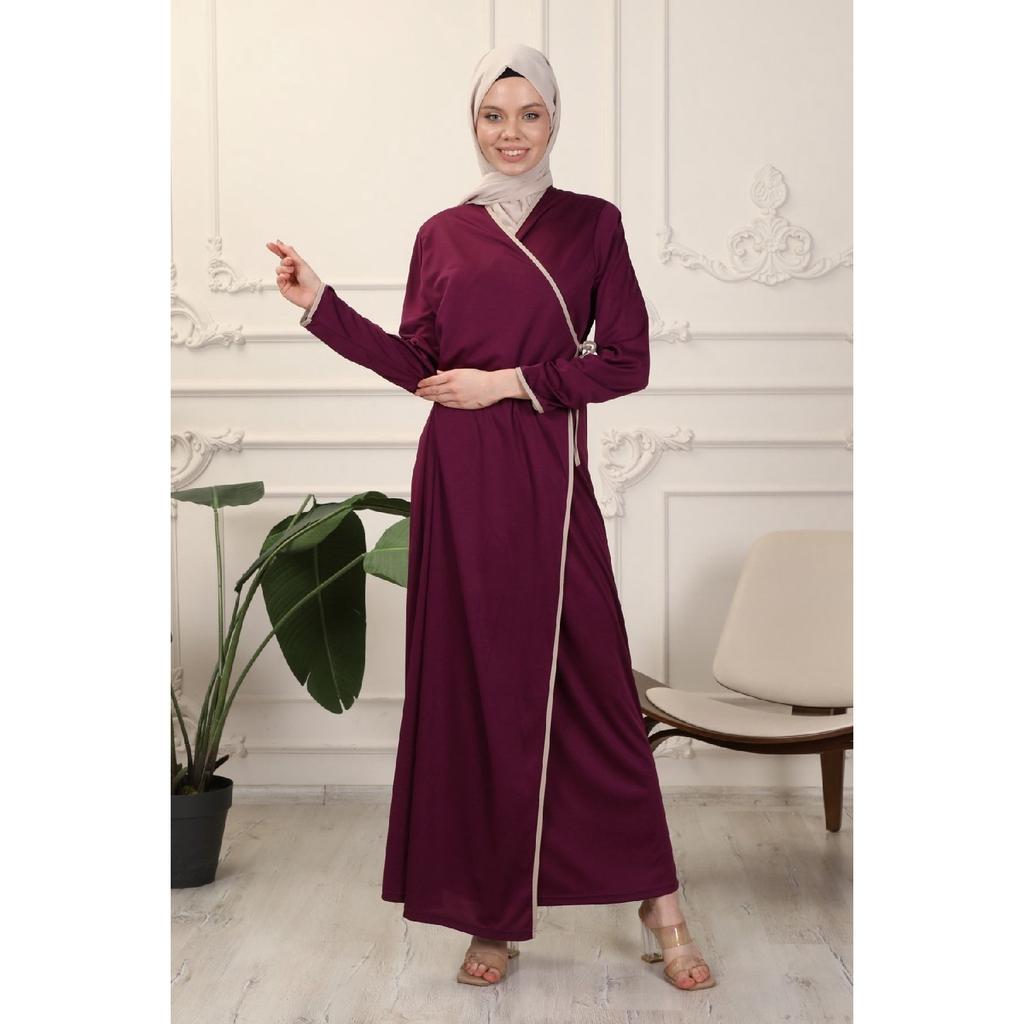 Black Double Breasted Neck Piping Flexible Interlock Fabric Prayer Dress