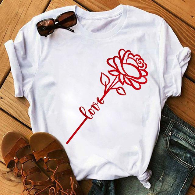 New Fashion Women Black T Shirt Friends Gift Flower Love Print Cute Tee Shirt Female Harajuku Tops Woman Short Sleeve T -Shirts
