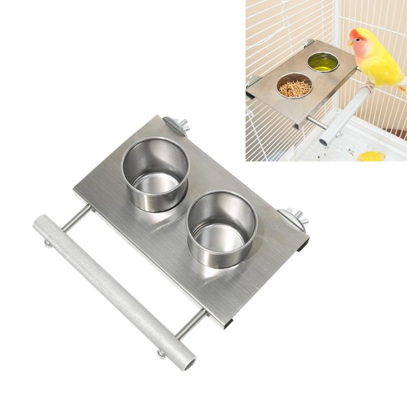 Stainless Steel Parrot Feeders With Double Cup Standing Perch Platform For Cage Bird Rabbits Ferrets Watering Feeding Use
