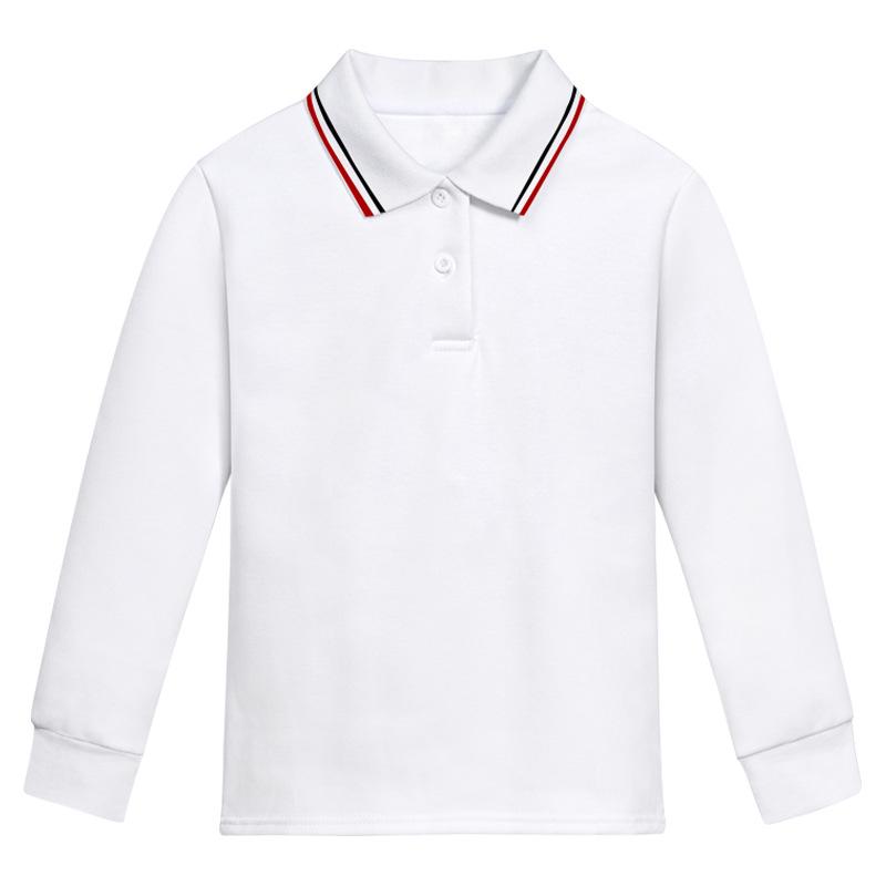 Children's White Cotton Polo Shirt with Striped Collar - Long Sleeve School Uniform for Boys and Girls