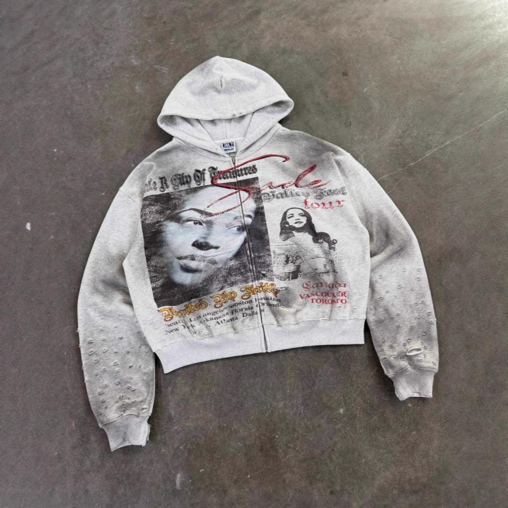 Unisex Round Neck Long Sleeve Loose Fit Hoodie Zip Up Streetwear Hip Hop Sweatshirt