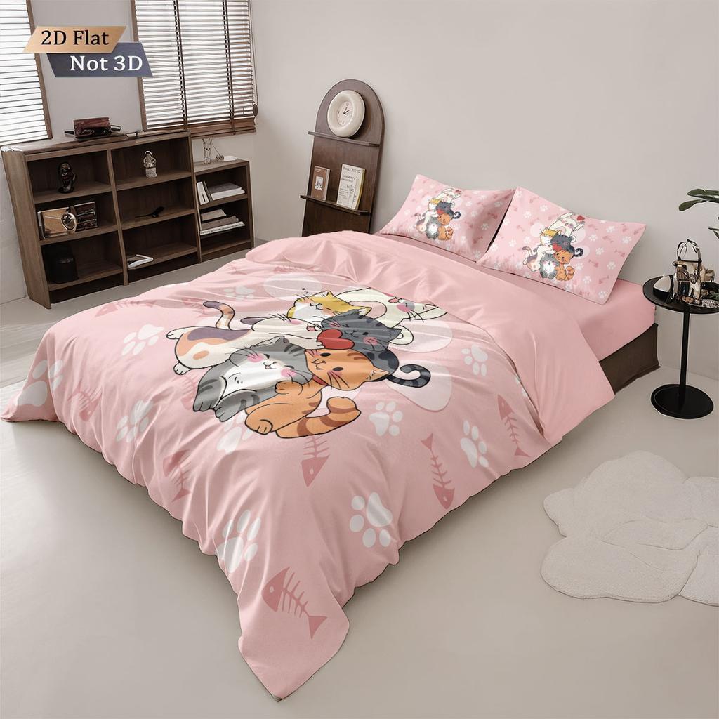 3er Set Niedliche Cartoon-Katzen-Bedruckte Spanndeckenbezug-Sets, Mehrgrößen Schlafzimmer Bettwäsche Dekoration, Bequem Maschinenwaschbar