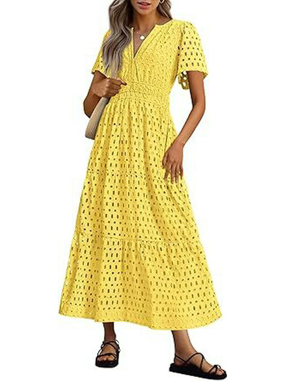 

Платье макси с V-образным вырезом, вырезом, оборками и короткими рукавами - 2025 Европейский и американский стиль, женская мода XL жёлтый