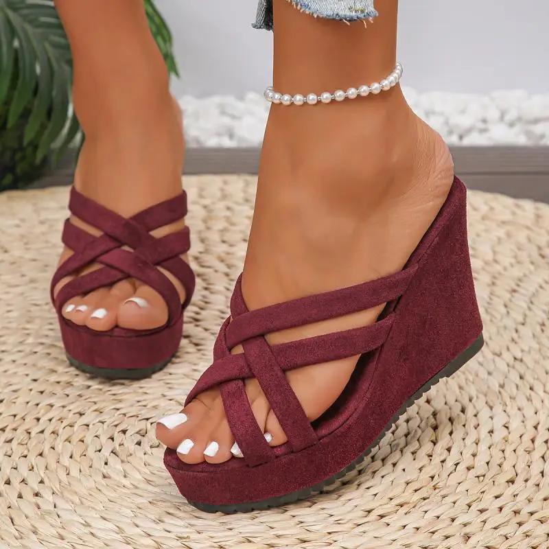 Fashion Casual Suede Cross Strap Slip On Sandals Women 2025 Summer Chunky Platform Wedge Heel Slides Classic Super High Heel Slippers