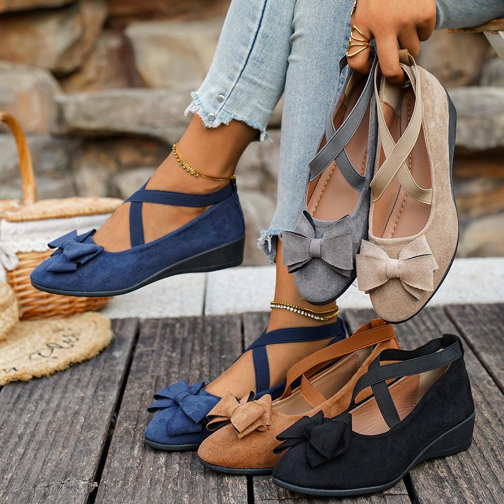 2025 New Fashion Suede Bow Cross Elastic Band Wedge Heel Large Size Single Shoes Women's Breathable Versatile