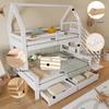 Letto a Castello per Bambini, Due Cassetti su Ruote, Design a Tetto, con Sponda di Sicurezza e Armadio a Gradini, Pino + MDF + Compensato, Bianco, 90x200cm e 140x200cm