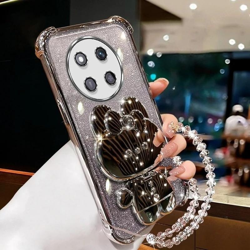 

For Honor Magic 7 6 5 4 Lite 3 Pro Plating Four Corners Anti-fall Silicone Soft Case Mirror Rabbit Stand Clear Bead Chain Cover Magic7 Lite