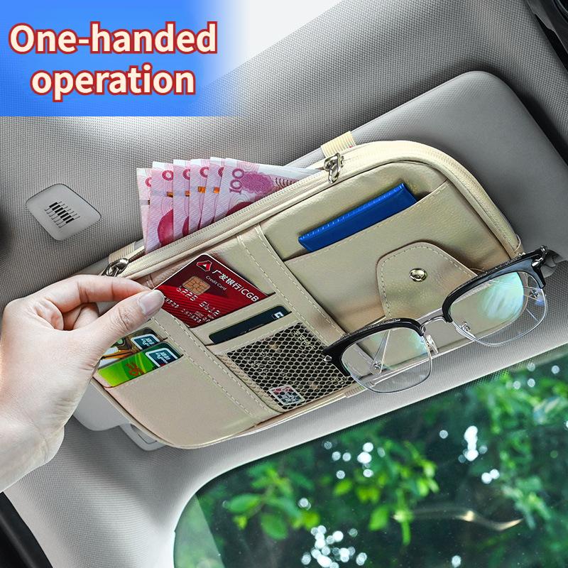 Car Sun Visor Organizer Clip Large Capacity Leather Sunshade Storage Bag Pouch Bill Pen Card Glasses Sunglasses Holder Mount