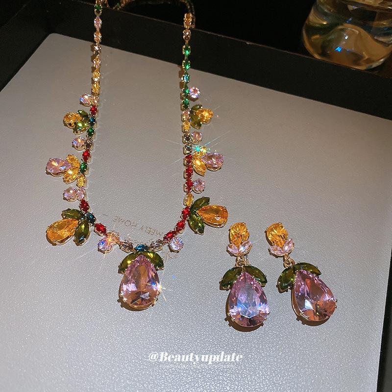 Zircon Flower Leaf Water Drop Pendant Necklace Earring Set Light Luxury Heavy Industry Collarbone Chain High-End Jewelry