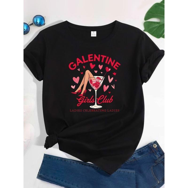 

European sizes Women s Galentine s Day T-Shirt - Cute Girlfriends Club Graphic Print with Hearts & Martini Design 4XL чорний