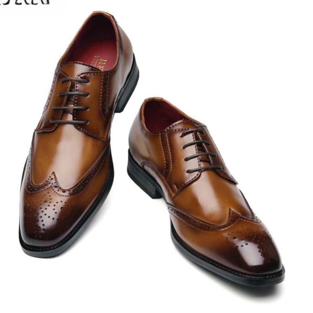 Brogue Oxford Shoes Mens Genuine Leather Business Formal Derby Pointed Toe Lace Up Dress Shoes