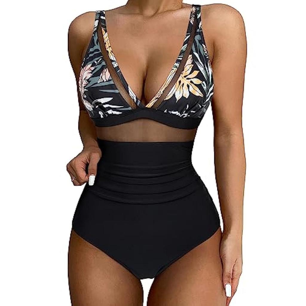 Einteiliger Badeanzug für Damen, ausgehöhltes Mesh, tiefer V-Ausschnitt, Bikini, Strand-Badeanzug