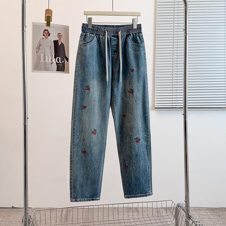 

Early Spring Embroidered Cherry Rhinestone Loose Dad Pants Plus Size Women s Fashion 7XL (210-230 Jin) синій