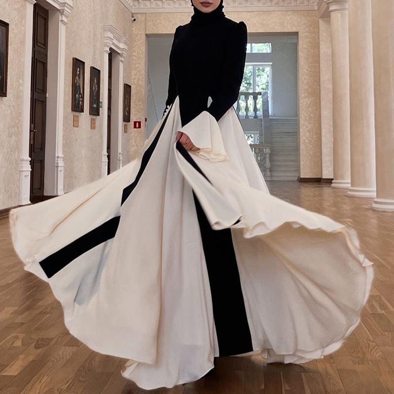 2025 Autumn Black and White Spliced Long Dress: Elegant, Sexy, and Dignified Women's Fashion for the Middle East