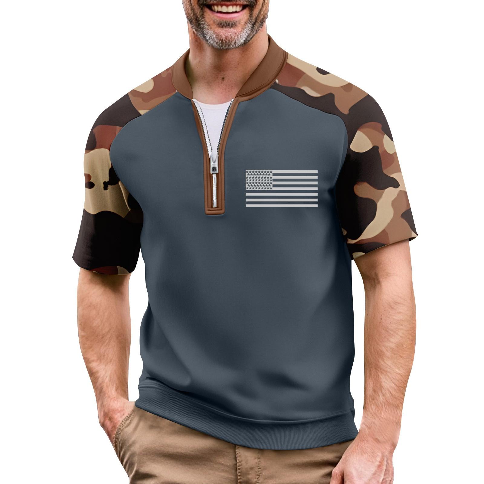 

Men s Summer Camouflage Raglan Sleeve Casual T-Shirt Sports Flag Printed Zipper Neck Top L червоний