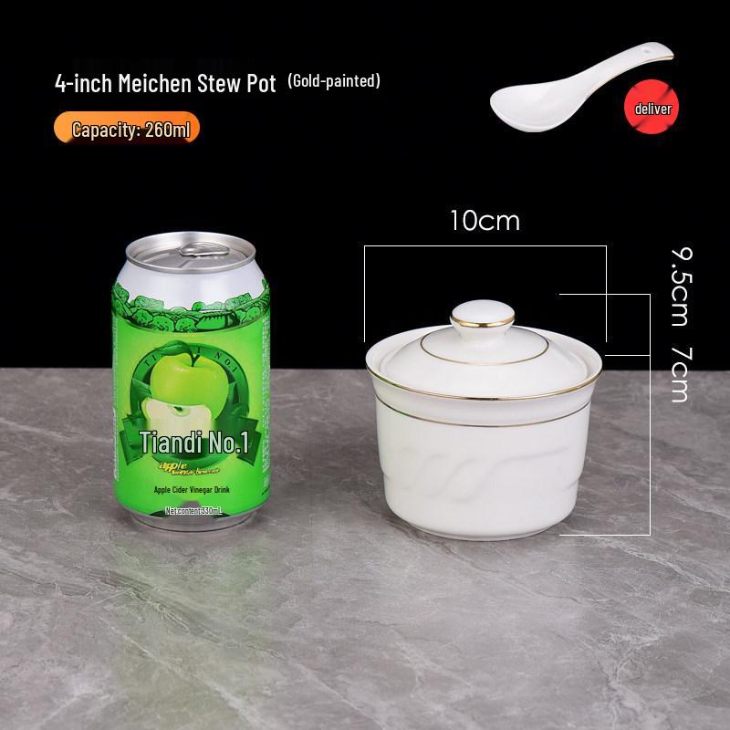 Pure White Ceramic Water-Bath Stew Pot with Gold Rim - Hotel & Commercial Grade, Ideal for Chinese Shaxian, Bird's Nest, and Steam Egg Dishes.