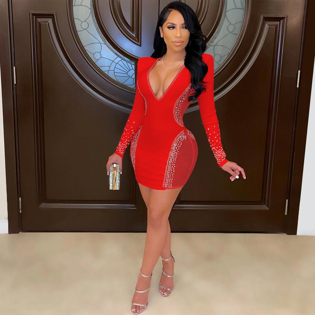 X5337: Sexy Deep V Rhinestone Party Dress with See-through Midi Skirt - European Fashion New Arrival