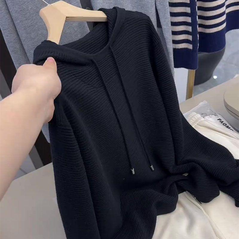 

European Goods Fashion Stylish Hooded Drawstring Black Long Sleeves Hair Knitwear Female 202 Spring New Loose Top Black XL