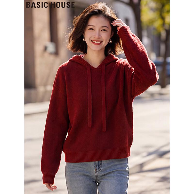Basic House Women s New Year Red Hooded Knit Sweater S