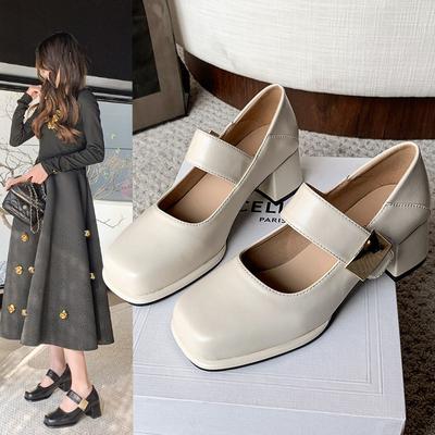 Retro Square Head Word with Thick Heel Mary Jane Shoes Literary Small Leather Shoes Women's Shoes Versatile High Heel Single Shoes Women