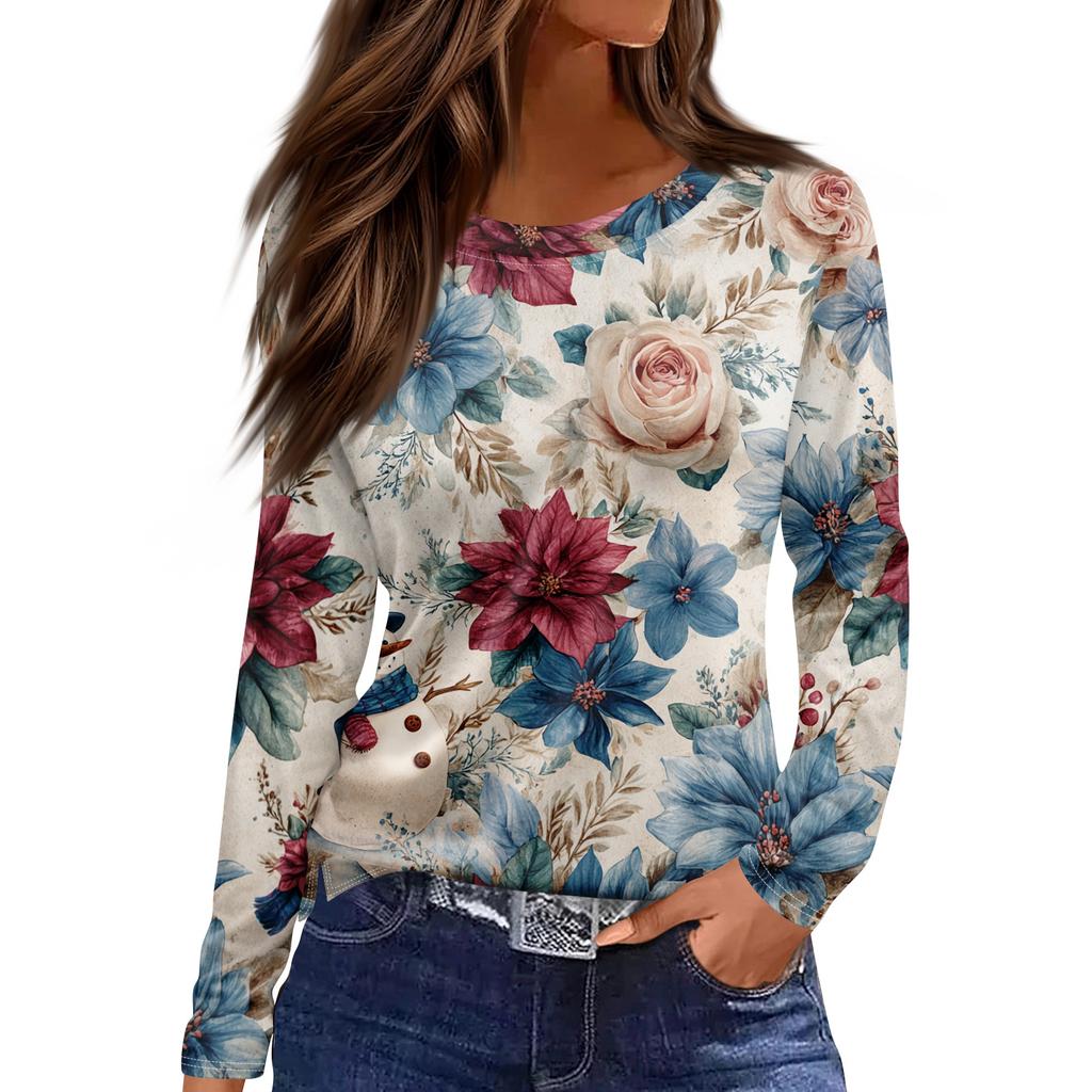 Women's Fashion Casual Slit Hem Round Neck Long Sleeve Loose Printed T-Shirt Top
