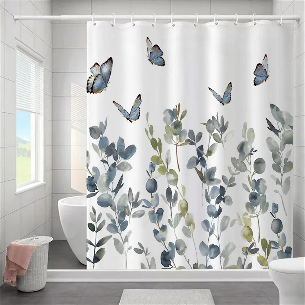 Butterfly Floral Bathroom Curtain Elegant Backleaf Shower Curtain Bathroom Polyester Waterproof Fabric Trim Hooks Bath Curtain 90X180cm