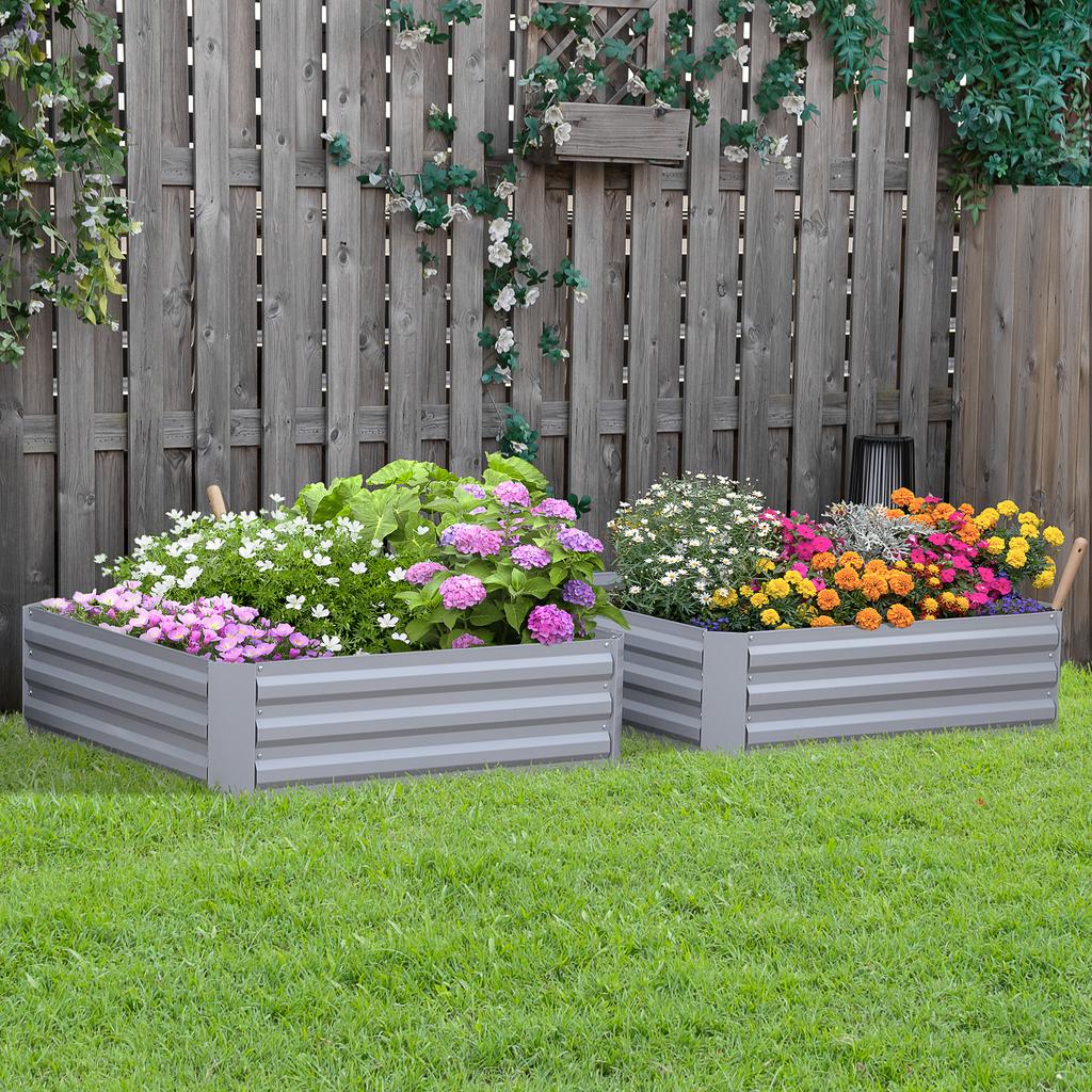 Set of 2 291L Raised Garden Bed, Elevated Galvanised Planter Box for Flowers, Herbs, 100x100x30cm, Grey