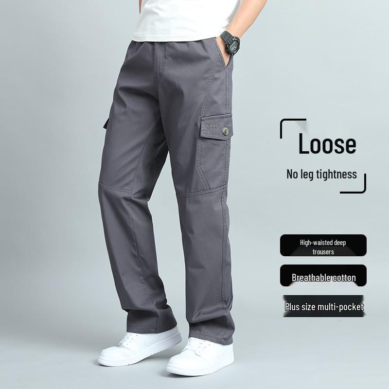 Men's Loose Fit Cotton Casual Pants with Multiple Pockets - Plus Size, Straight Leg, Ideal for Spring/Summer.