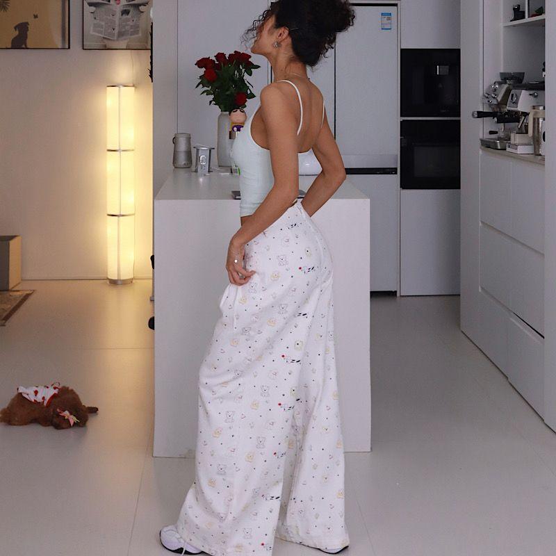 Akiyo Studio Western Style Gyaru Print Casual Straight Pants Women Design Casual Slimming Wide Leg Pants