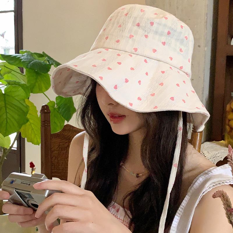 Sweet and cute love lace-up bucket hat women's summer big brim sunscreen basin hat show face small hat