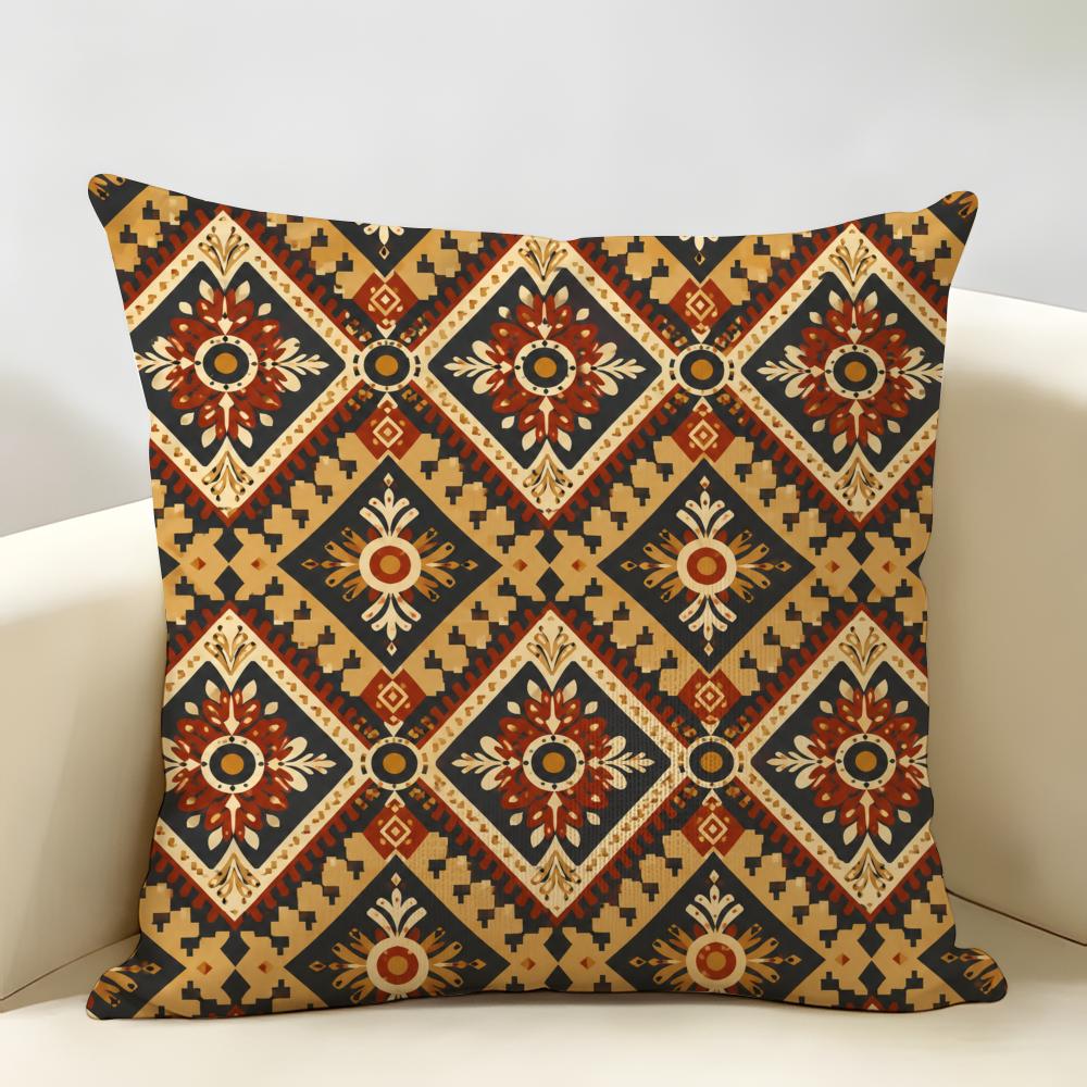 Bohemian Tile Print Cushion Cover Durable Hypoallergenic Organic Linen Short Pillow Cover Washable