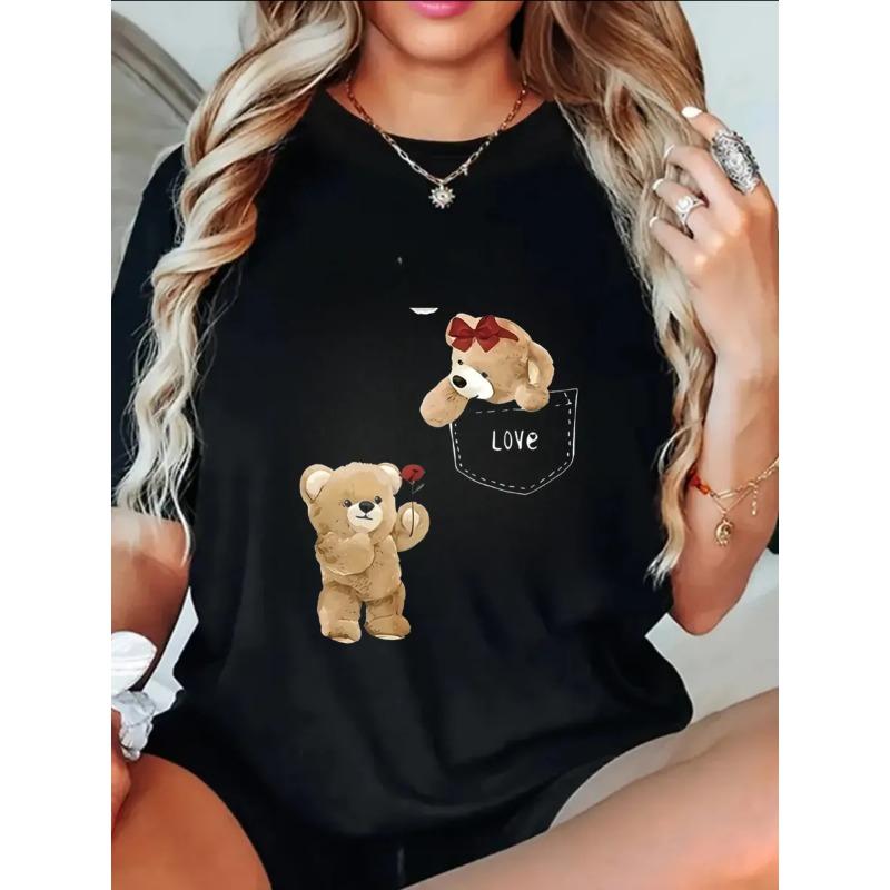 T-shirt da Donna Oversize a Manica Corta con Orsetto che Tiene una Rosa, Orsetto con Papillon in Tasca e Stampa Testo "LOVE"