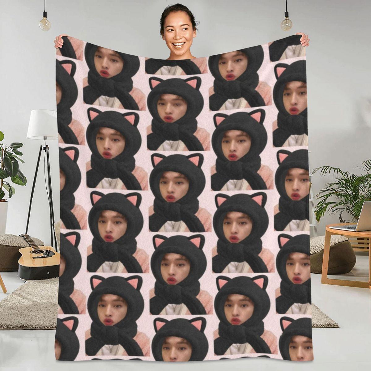 

Lee Know Cat Filter, мягкое теплое одеяло Kpop, милое дорожное офисное одеяло, зимнее фланелевое покрывало на заказ, чехол для дивана-кровати