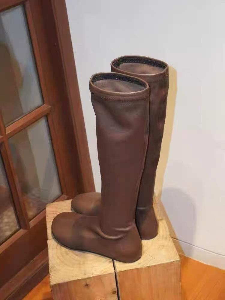 Skinny boots, socks and boots Korean version of the new niche design retro round head, long legs, thin elastic leather boots, knight boots