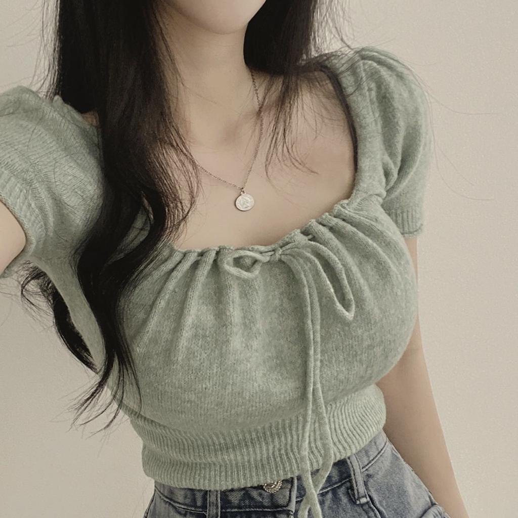 Temperament Square Collar Tie Bow Slim Design Short-sleeved Knitted Sweet Top