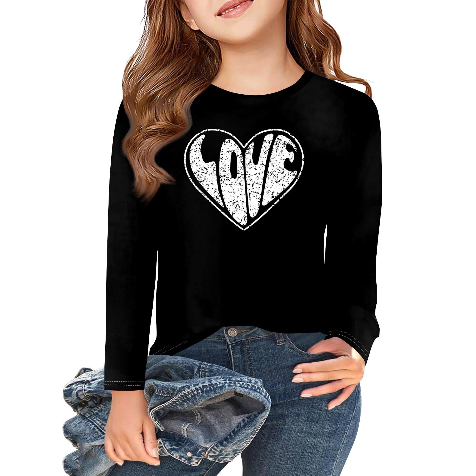 

Футболки с длинным рукавом для девочек Love ко Дню святого Валентина, детские осенние топы с круглым вырезом, базовые футболки для детей 5-14 лет 160