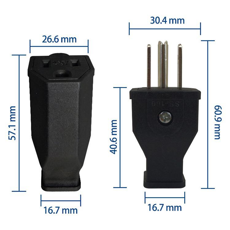 Enchufe de Alimentación Socket Macho-Hembra de Tres Pines Estilo Americano 15A 125V, Negro