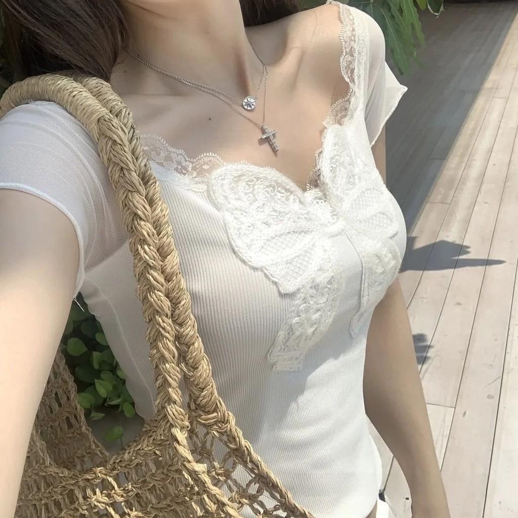 Camiseta con Lazo de Mariposa de Encaje Verano Mujer Blanca Oversize Diseñador Algodón