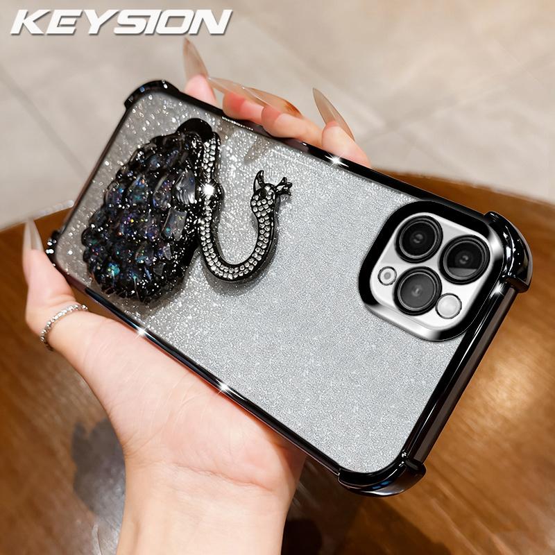 KEYSION Shockproof Plating Phone Case for iPhone 11 12 Pro Max Clear TPU Glitter Jewelled Swan kickstand Back Cover for iPhone 11