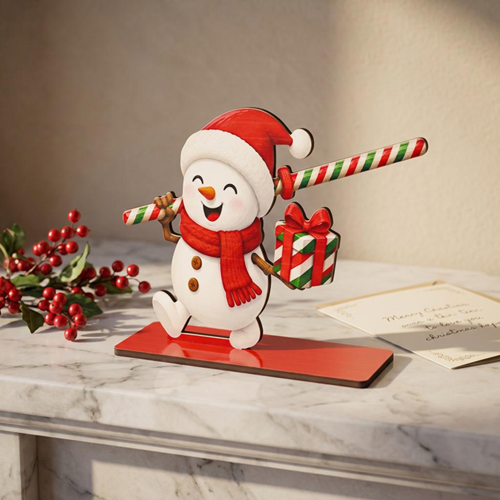 Wooden Christmas Tissue Box Holder with Snowman Santa and Design, Festive Tabletop Decoration