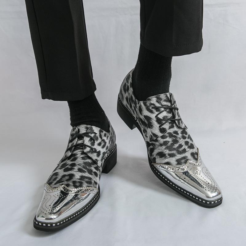 Men's Large Pointed Toe Leather Brogue Loafers - Shiny Leopard Print, British Style